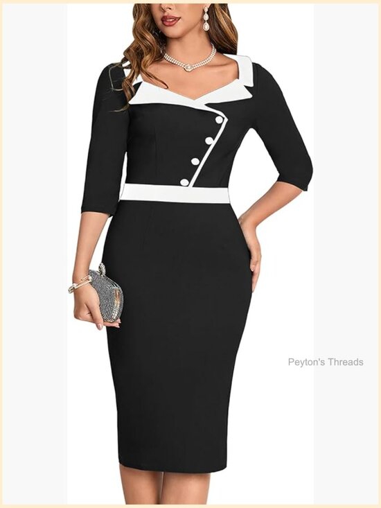 Dresses & Skirts - 1950s 3/4 Sleeve Pencil V Neck Midi Bodycon Vintage Cocktail Dress